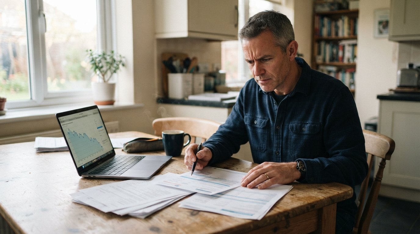 Middle-aged man at a wooden kitchen table reviewing a printed credit report beside a laptop with a downward-trending graph…