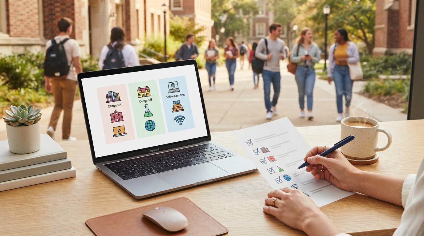 Hands holding a printed checklist and pen beside a laptop showing a college comparison grid, with a coffee mug and blurred…