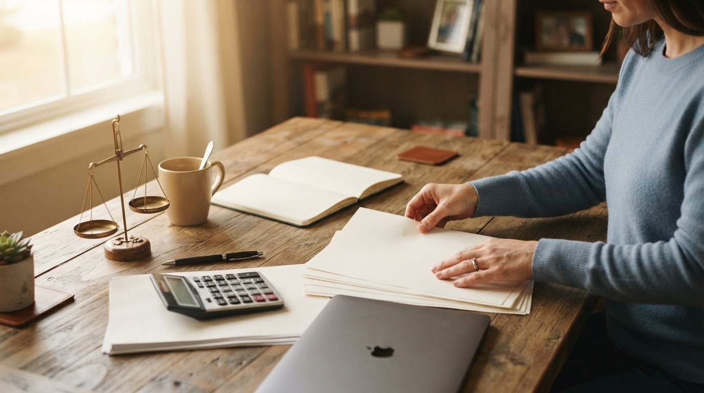 Parent's hands sorting paperwork at a wooden desk with a calculator, pen, blank worksheets, brass scale, laptop, and coffee…