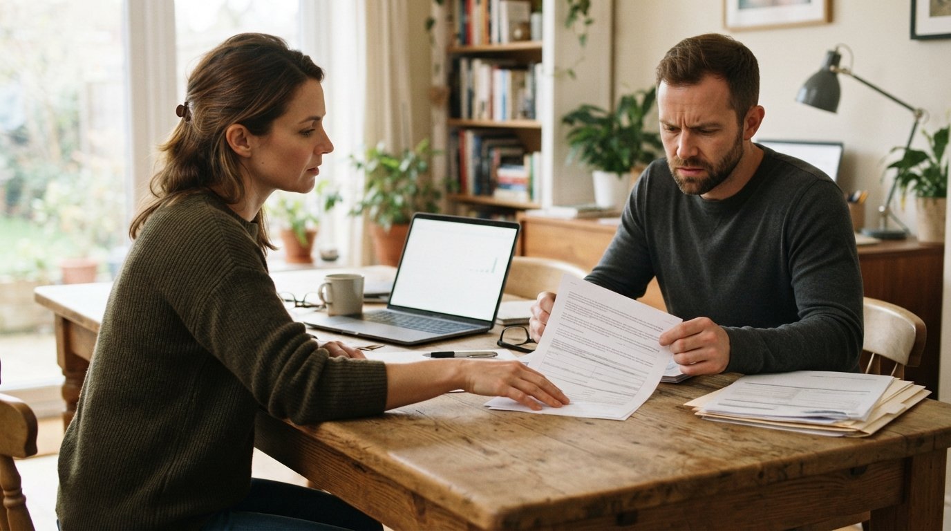 Two adults at a wooden dining table reviewing a loan contract, one sliding the document forward while the other looks…