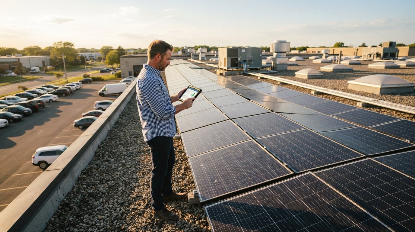 Small business owner with a tablet standing on a warehouse roof beside rows of monocrystalline solar panels, with HVAC…