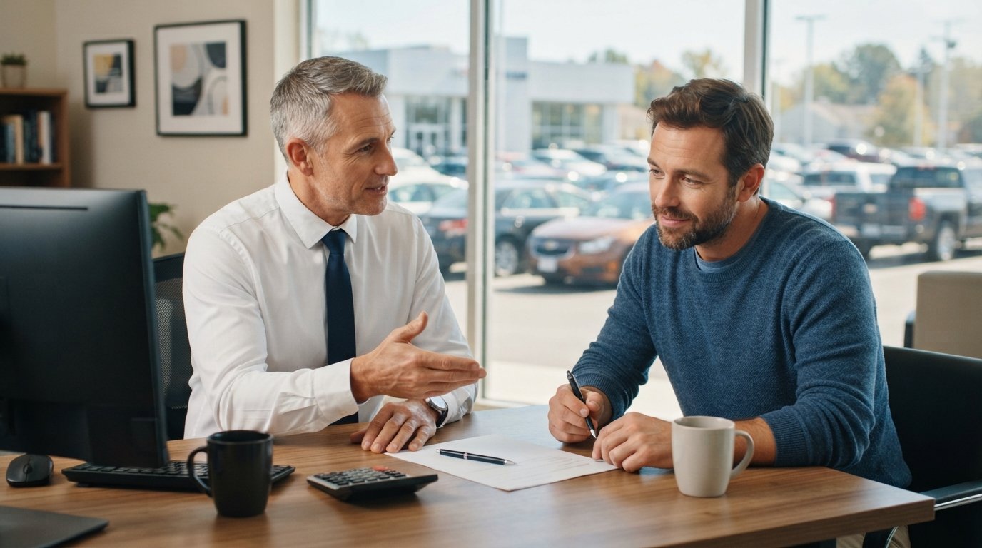 Salesman in white shirt and tie gestures toward a finance form as a casually dressed buyer looks on across a dealership desk