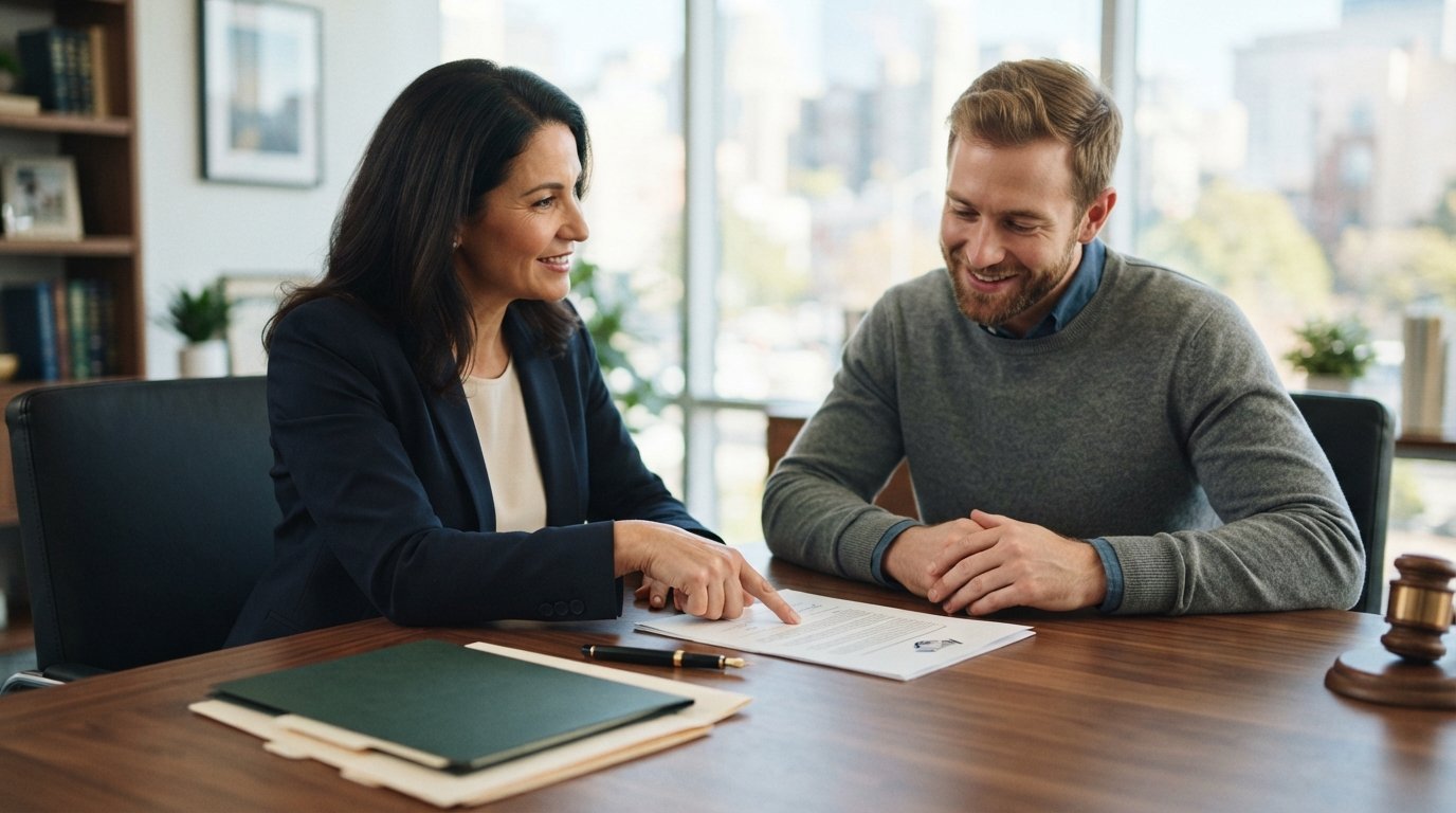 Attorney points to a contingency fee agreement as a seated client reviews it at a wooden desk in a bright law office