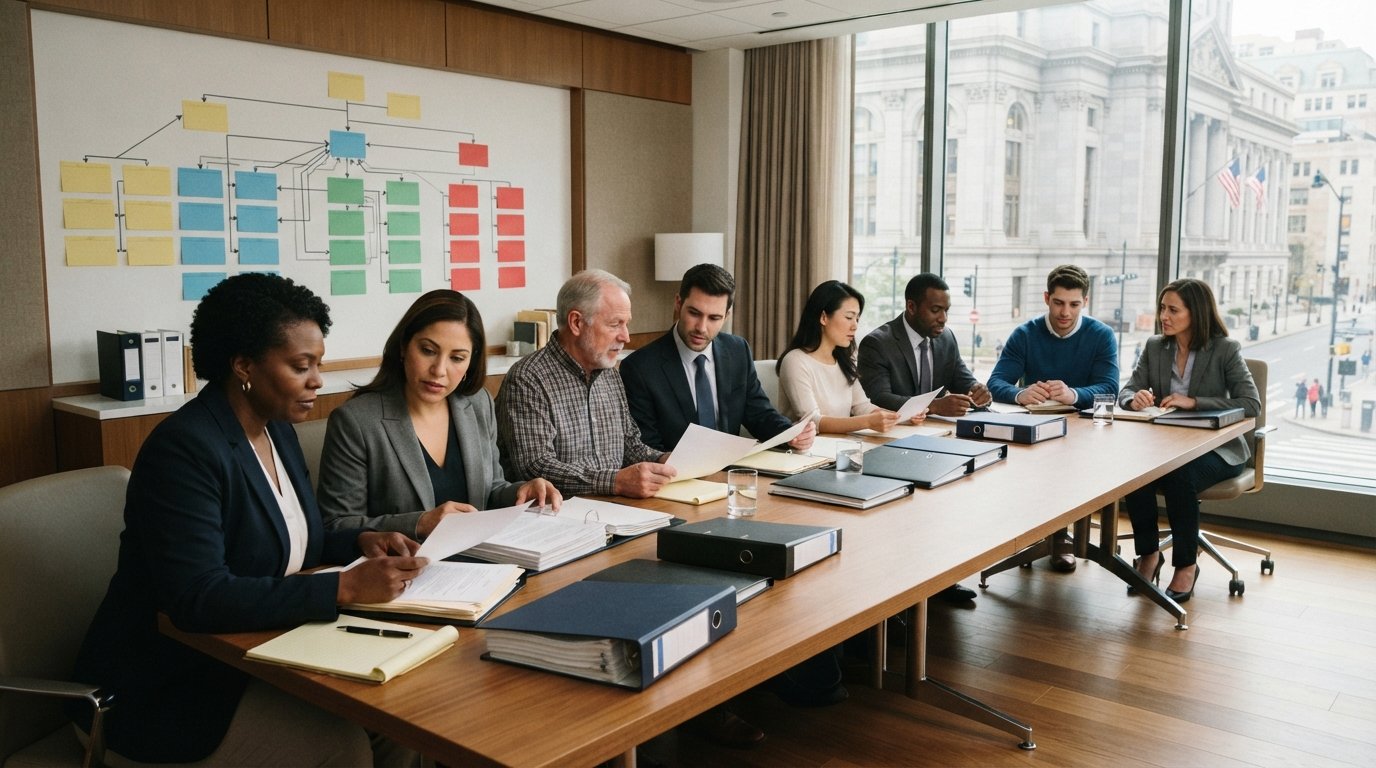 Diverse adults review case files with attorneys at a conference table beside a window overlooking a courthouse