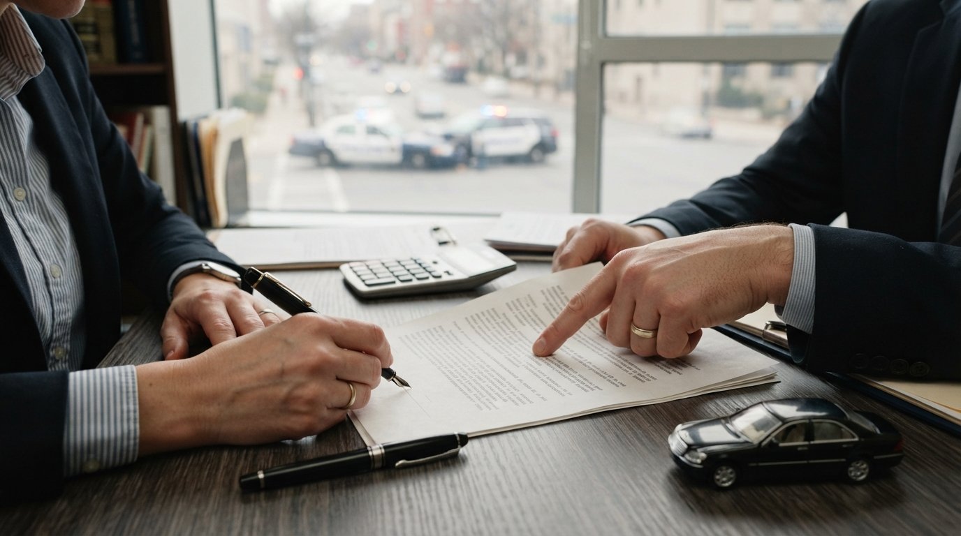 Hand signing a document with a pen while another hand points to a contract clause on a wooden desk with a calculator and…