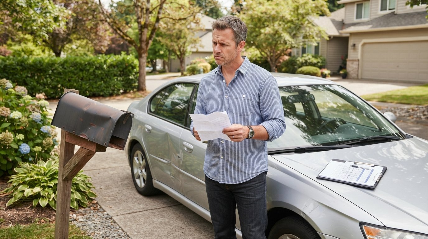Middle-aged driver in a button-down shirt holds a crumpled repair estimate beside a dented silver sedan in a driveway, a…