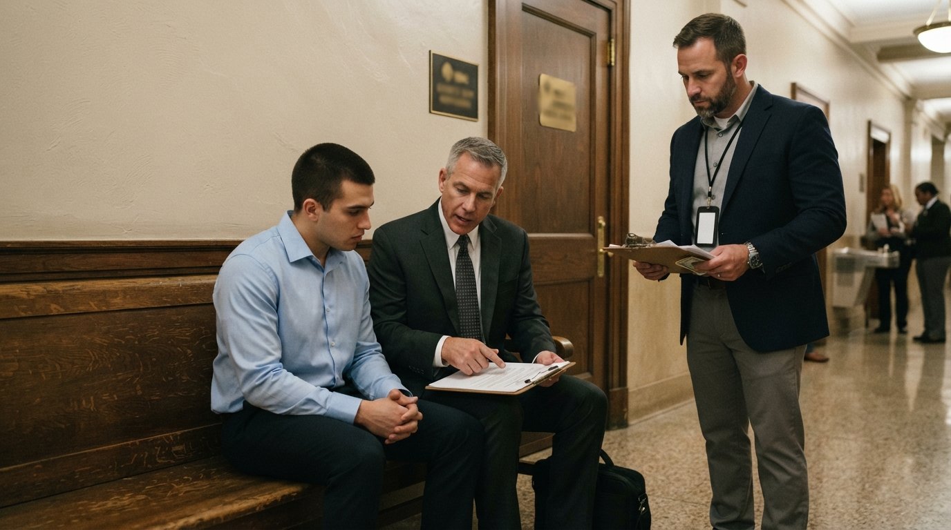 Defendant in a button-down shirt sits on a wooden courthouse bench beside an attorney in a dark suit reviewing paperwork,…
