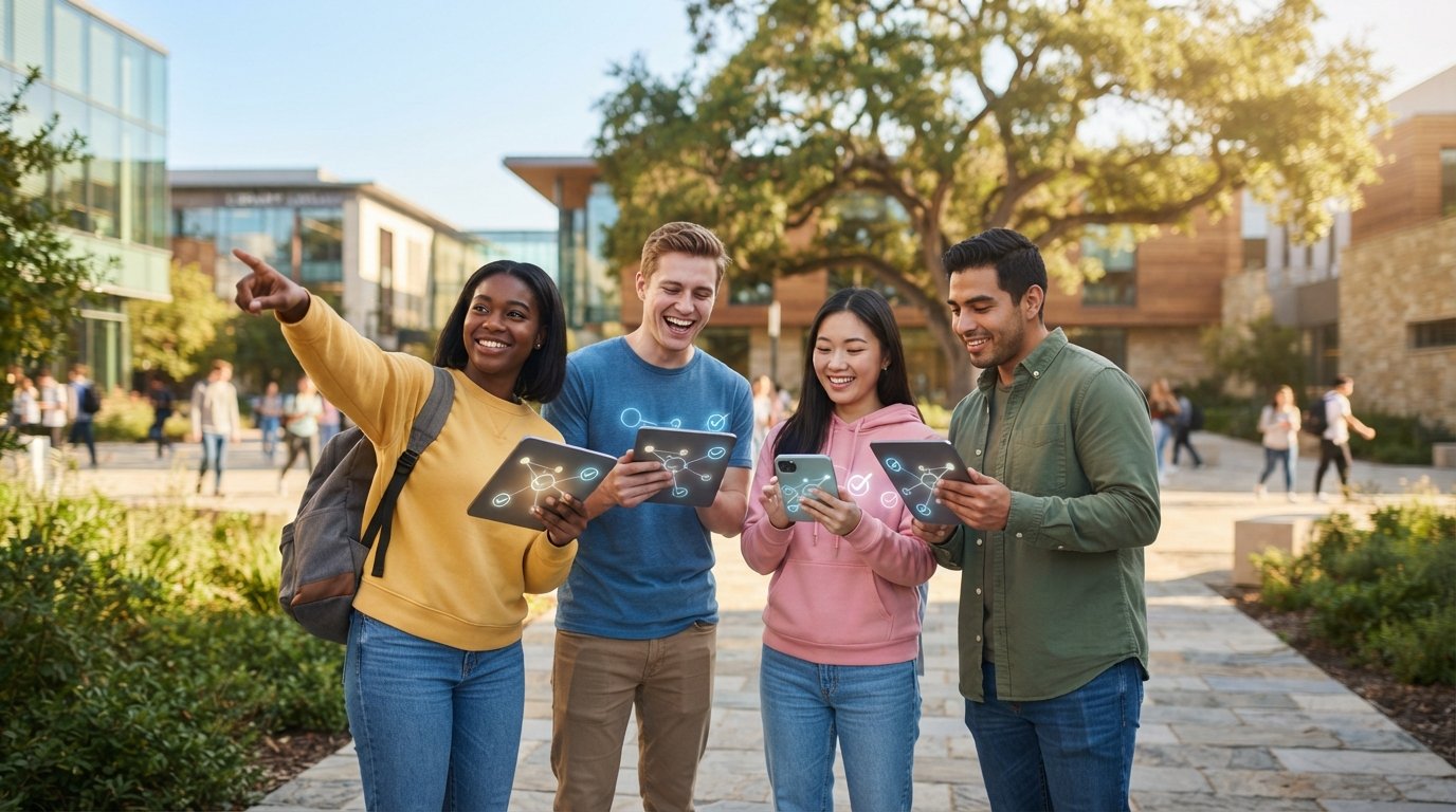 Diverse students holding phones and tablets with matching app interfaces in a sunlit campus courtyard