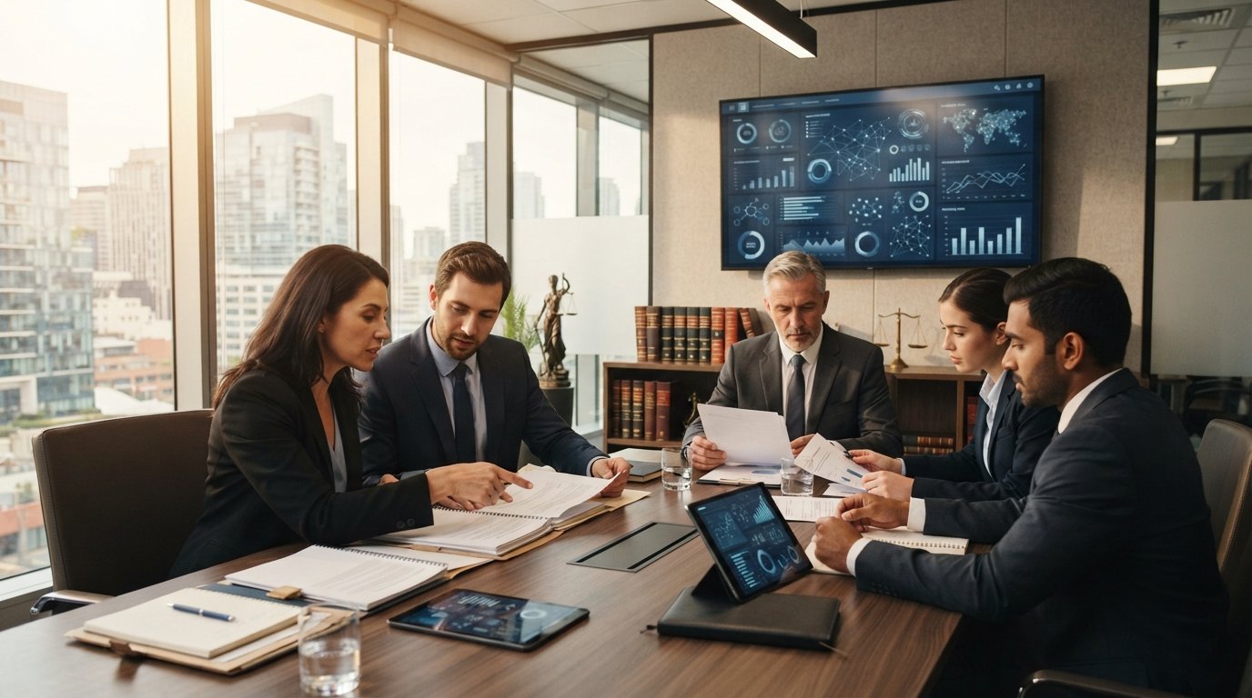 Diverse legal professionals in business attire review documents and tablets at a conference table, with data charts on a…