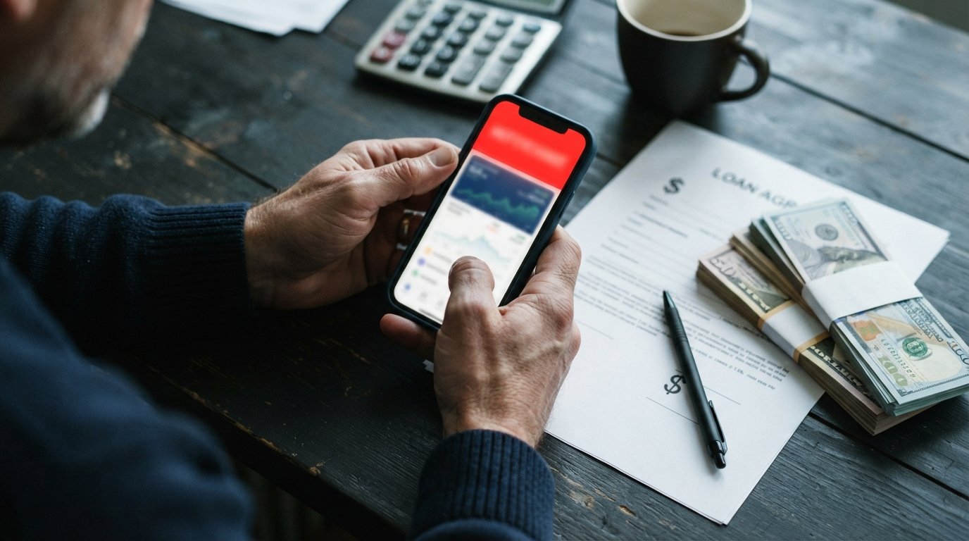Hands holding smartphone with red PAST DUE alert, loan papers and cash on desk