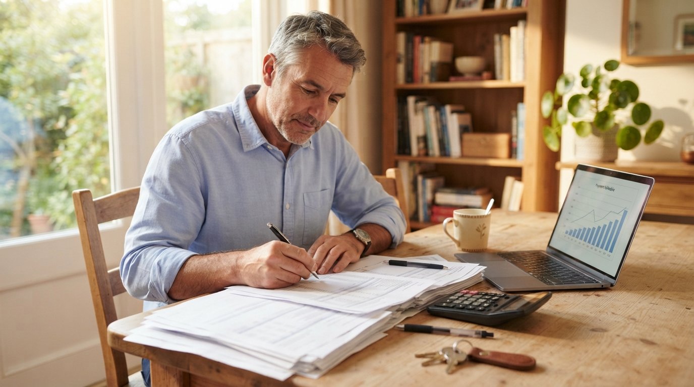 Homeowner in a light blue shirt reviewing refinance paperwork at a kitchen table with a calculator, pen, laptop, coffee…