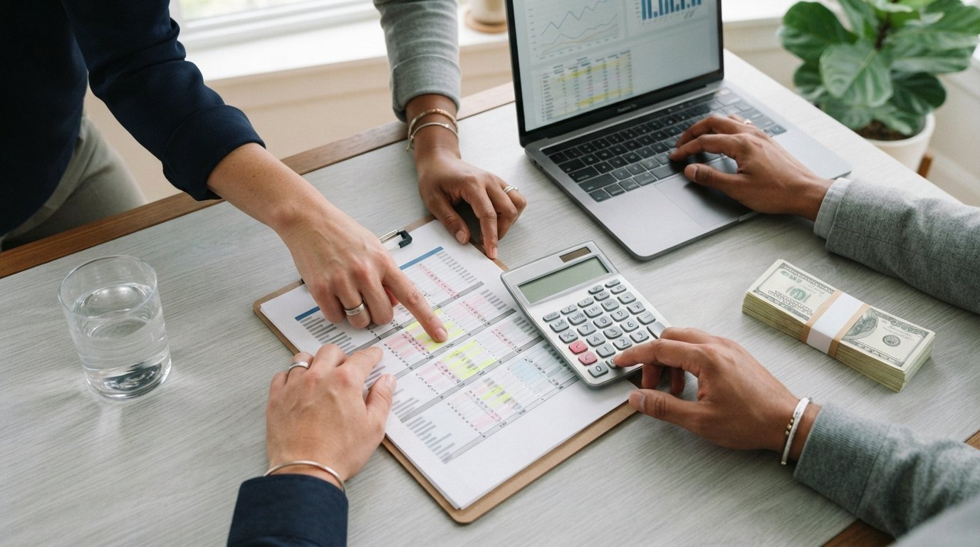 Three adults review a printed amortization schedule with a calculator and cash on a light gray desk