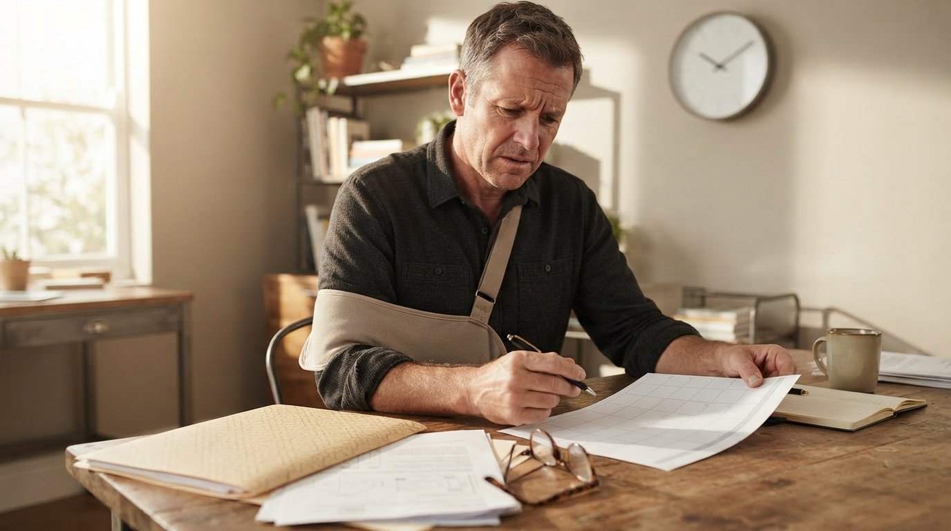 Man with an arm in a sling sits at a wooden desk, pen in hand over a blank calendar, with a wall clock above and medical…