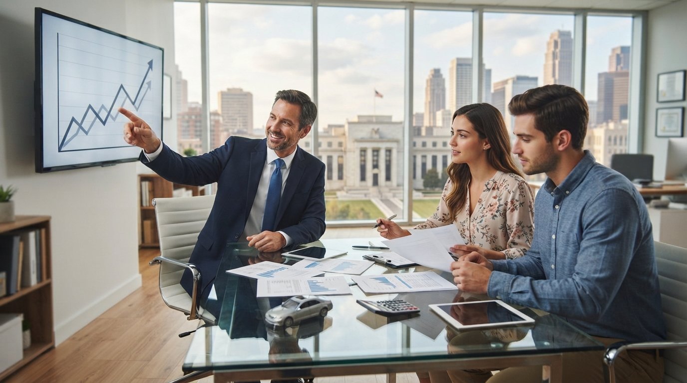 Financial advisor in a navy suit points to a rising line graph on a monitor while a couple reviews auto loan paperwork at a…