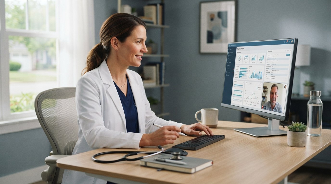 Female clinician in a white coat reviews a digital medical chart on a desktop monitor while a male patient appears in a…