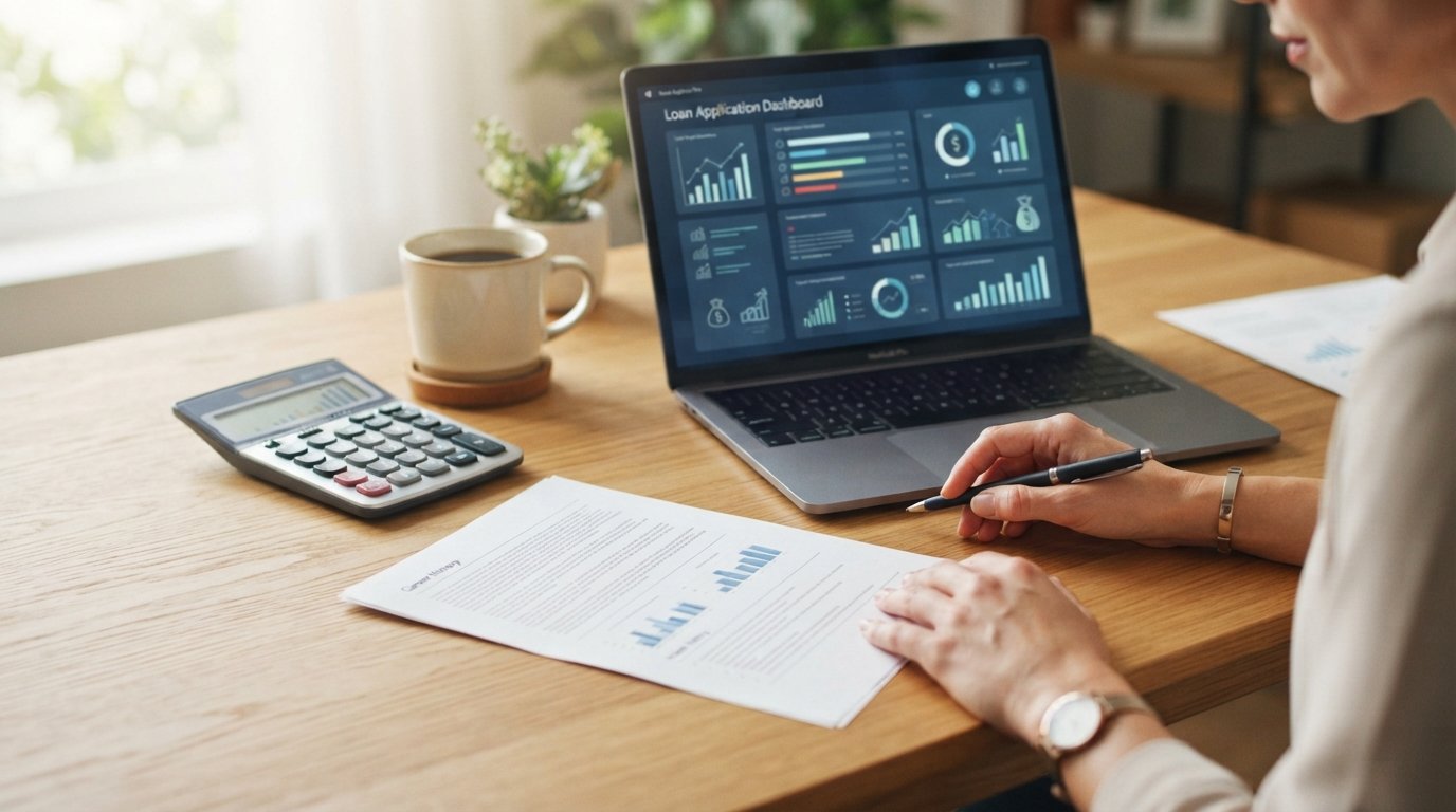 Hands reviewing a printed employment history document beside a laptop showing a loan application dashboard on a wooden desk…