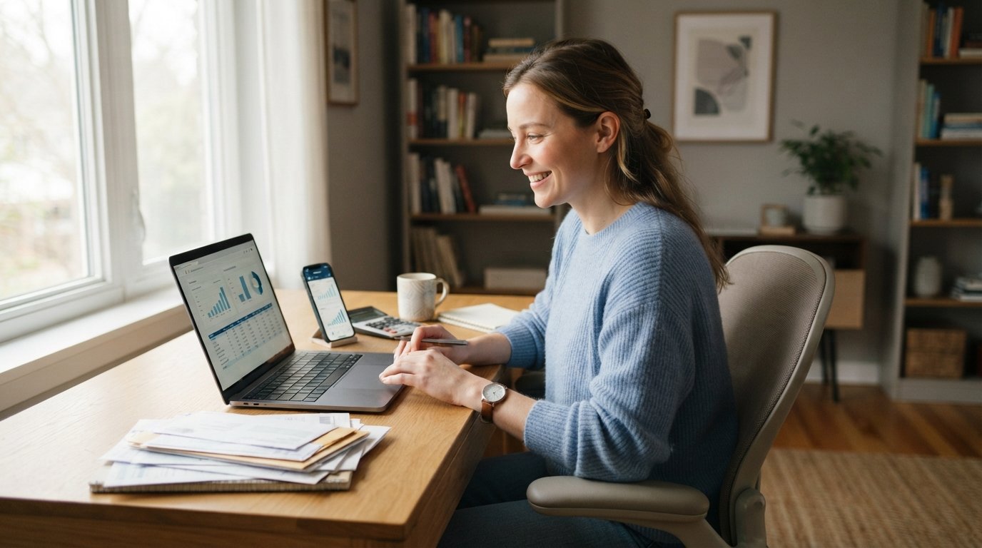 Woman in casual business attire at a wooden desk reviewing loan offers on a laptop, with a smartphone, calculator, coffee…