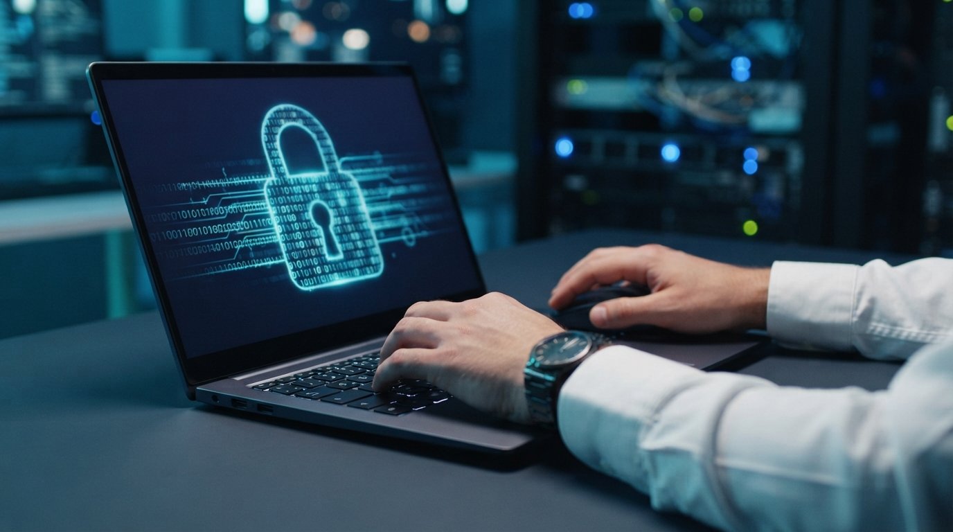 Hands typing on a laptop with a glowing padlock icon made of binary code on screen, set in a dark office with server racks