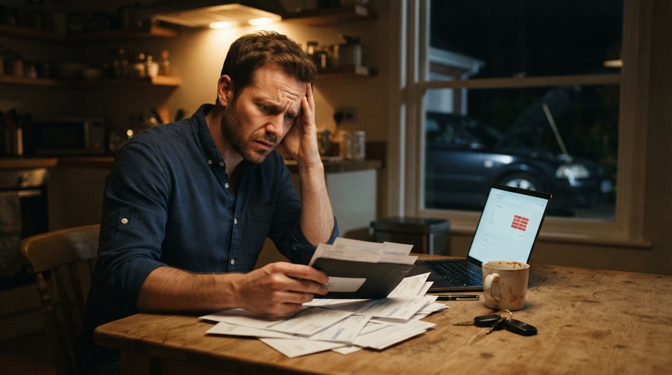 Worried man in a button-down shirt reviewing paper bills and a final notice beside a laptop at a kitchen table