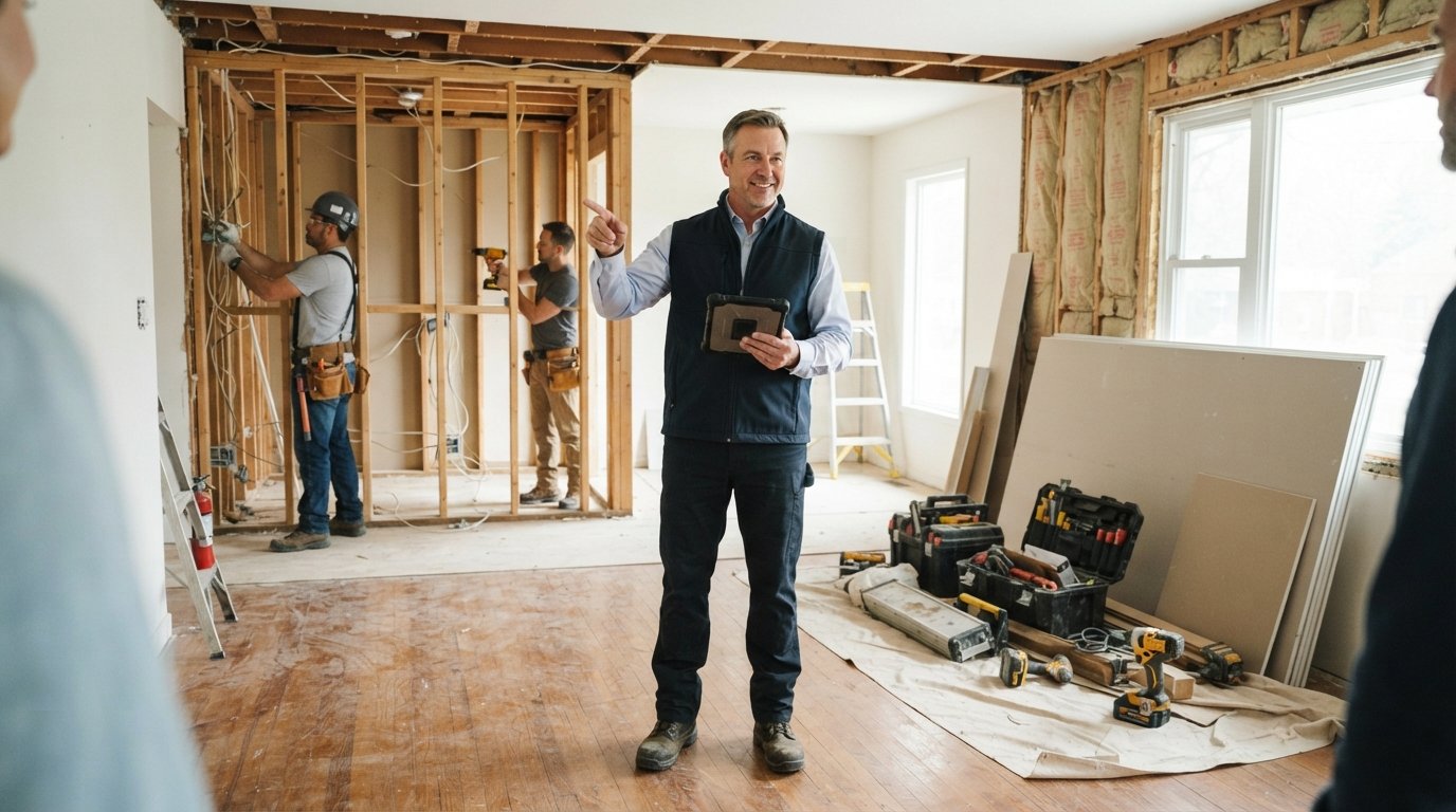 General contractor in work vest holding tablet and pointing toward open wall frame where electrician and carpenter work in…