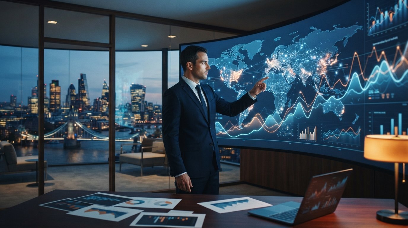 Financial analyst in a navy suit studies glowing line graphs and global map nodes on a curved display in a glass-walled…