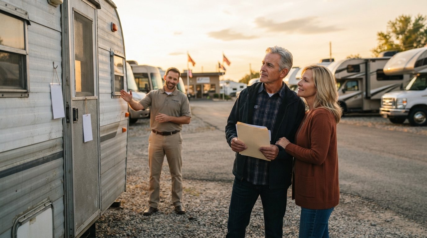 Middle-aged couple examining a used travel trailer with a price tag on a dealership lot while a salesperson gestures nearby