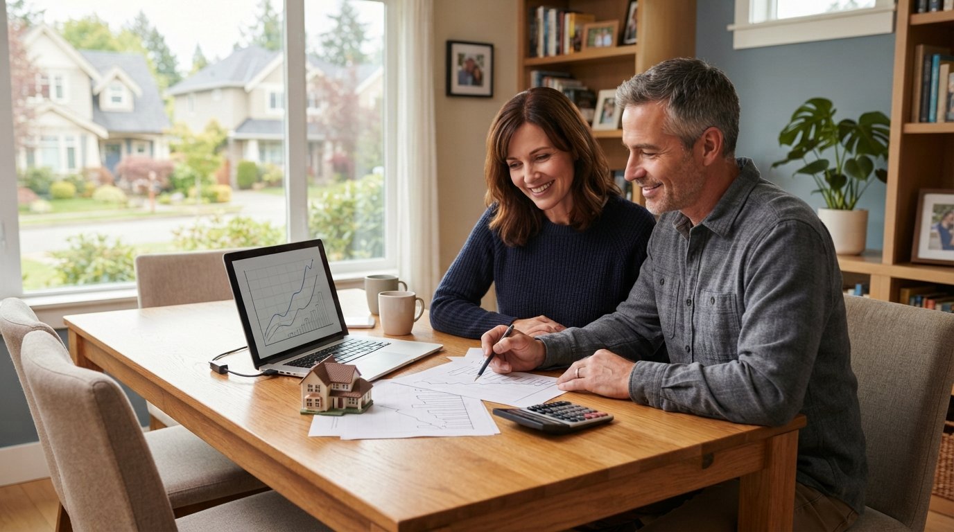 Couple at a dining table reviewing paper charts and a laptop, with a small model house and calculator beside them