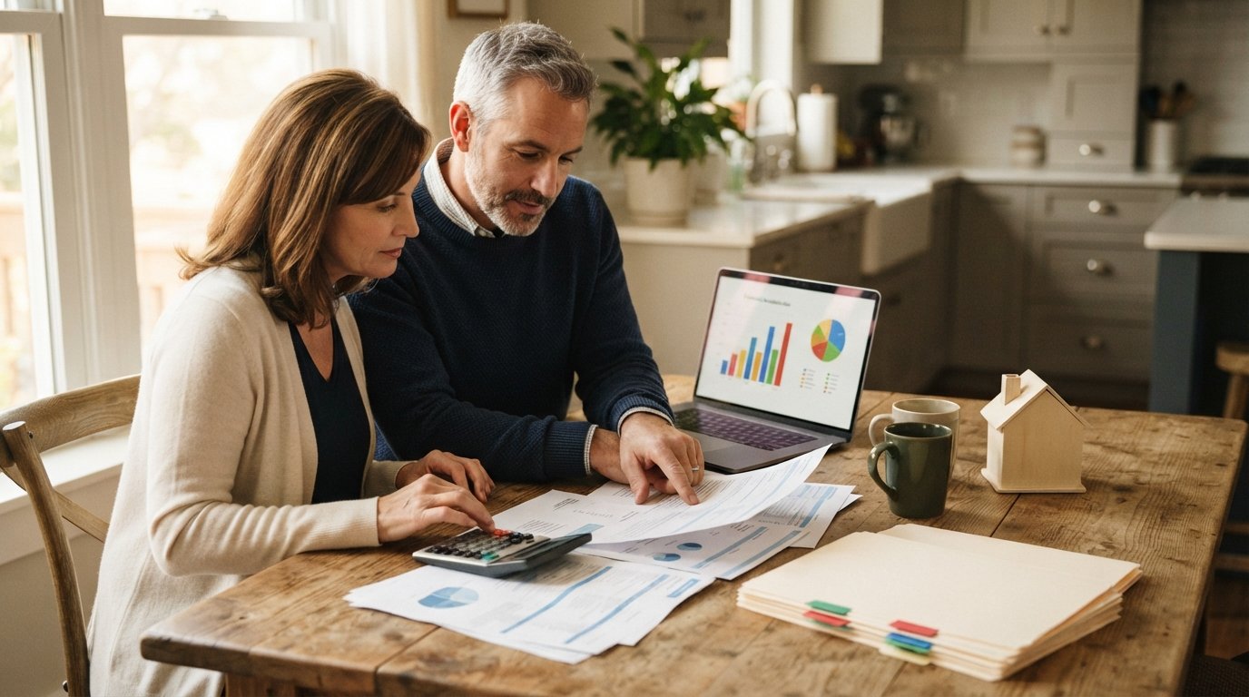Couple reviewing mortgage escrow and insurance documents at a kitchen table with a calculator, laptop chart, coffee mugs,…