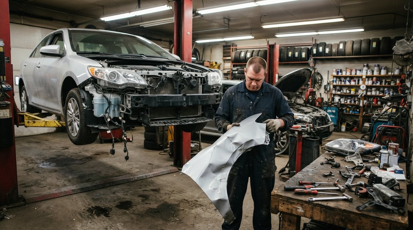 Mechanic in navy coveralls inspecting a damaged silver sedan on a lift with front bumper removed, exposing sensors and wiring