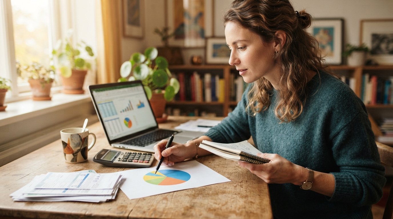Young woman at a wooden desk pointing a pen at a printed amortization chart beside a laptop, financial calculator,…
