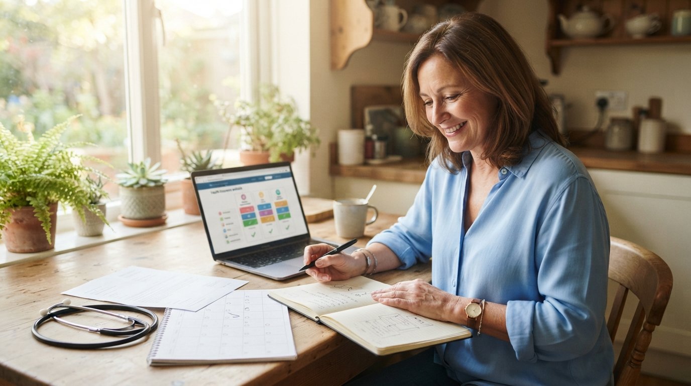 Woman in a light blue blouse reviews a paper medical bill at a sunlit kitchen table with a stethoscope, calendar, notebook,…
