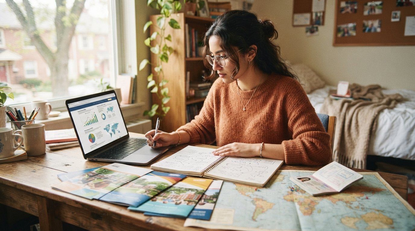 International student in glasses comparing college brochures at a desk with a laptop, passport, and world map