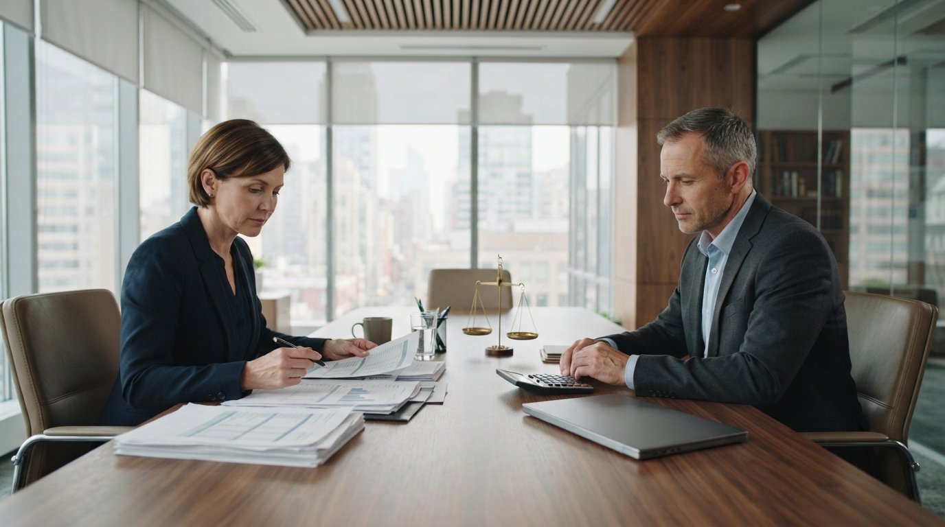 Man and woman seated across a conference table reviewing paperwork and a calculator beside a small brass scale of justice…
