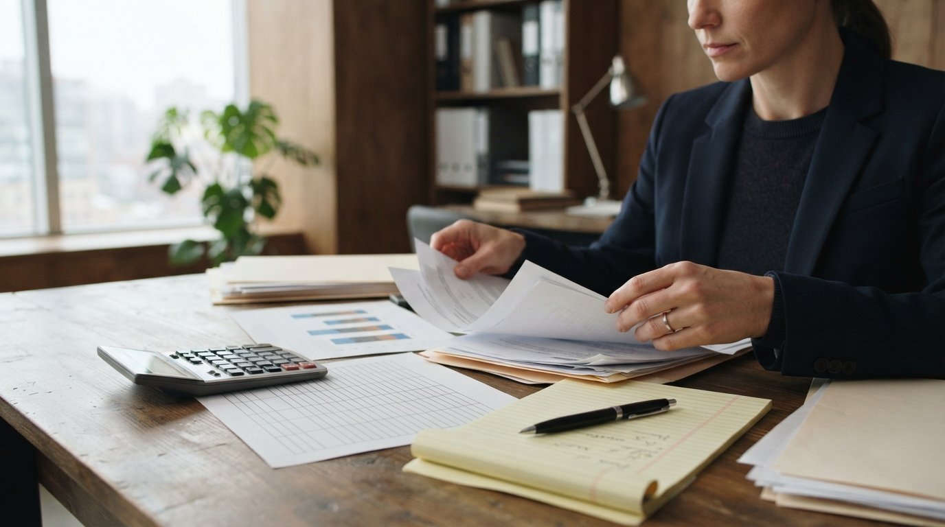 Parent's hands review income papers, a calculator, and a bar chart at a wooden desk in a law office