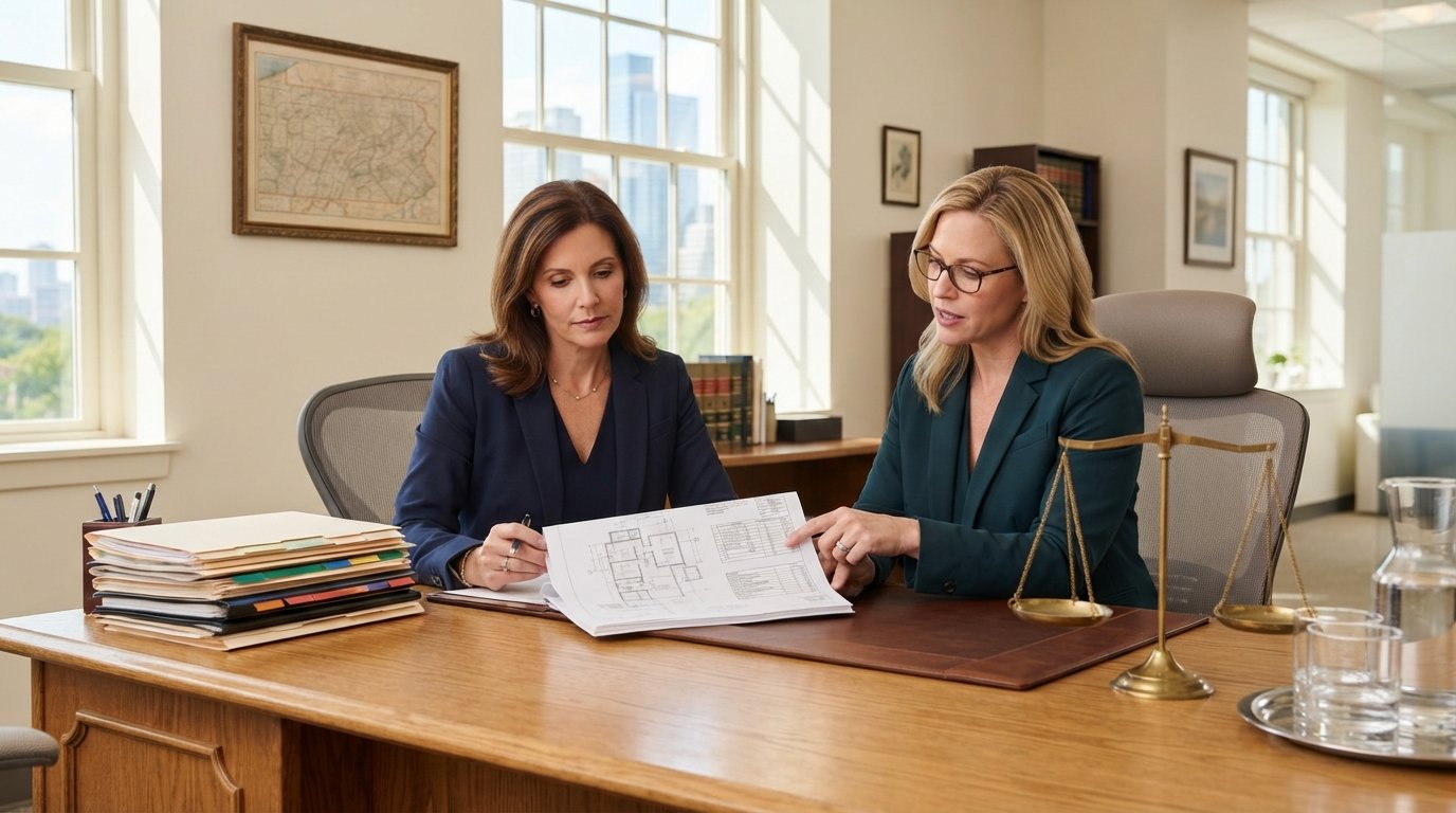 Woman in navy blazer reviews property asset documents with her attorney at a wooden desk in a bright law office