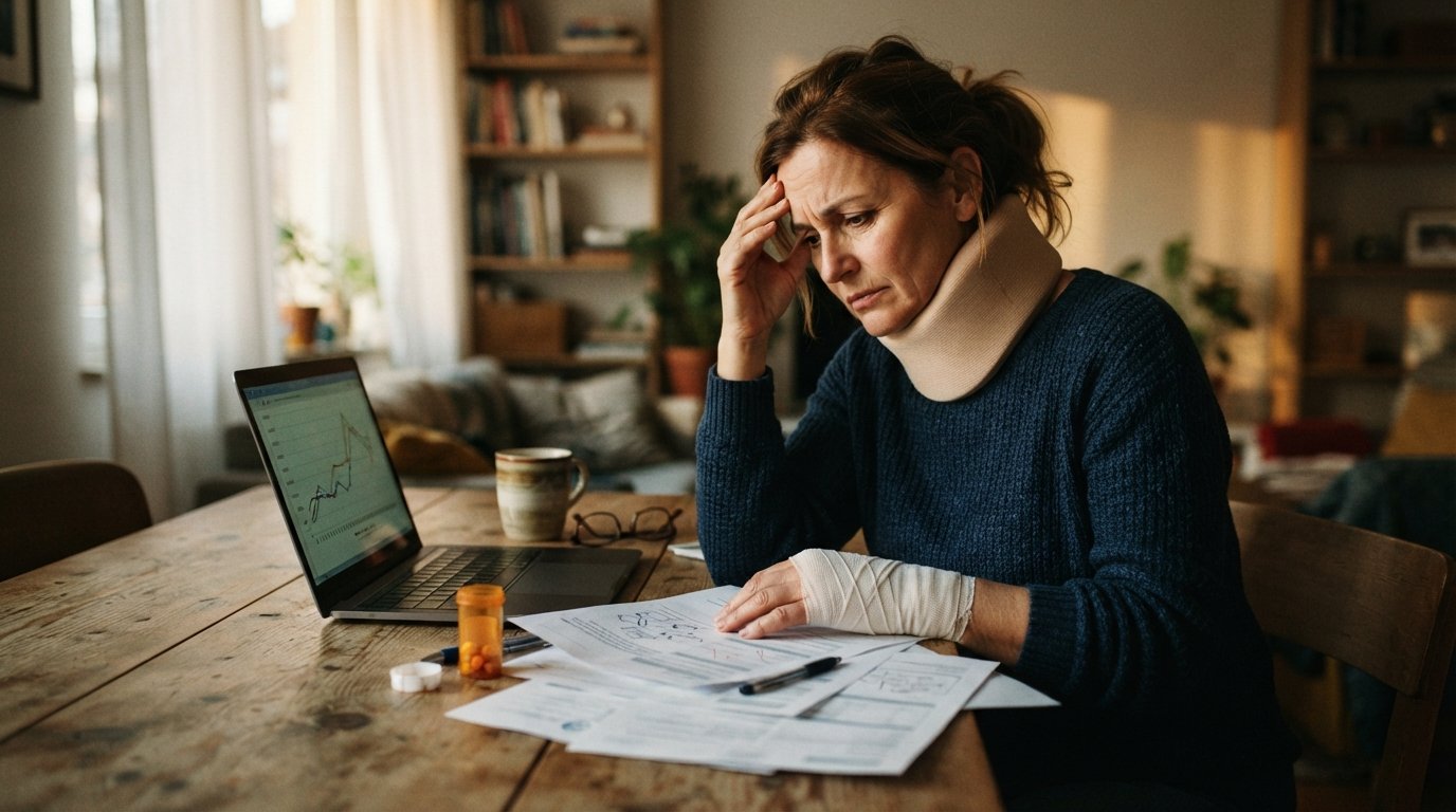 Woman in a neck brace and bandaged wrist sits at a wooden table with medical papers, a pill bottle, and a laptop showing a…