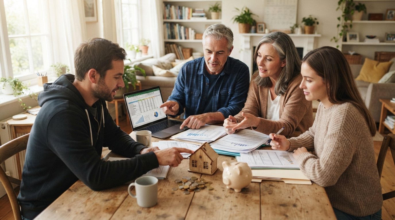 Parents in their 50s and adult children review papers, a laptop, coins, a piggy bank, and a model house at a sunlit wooden…