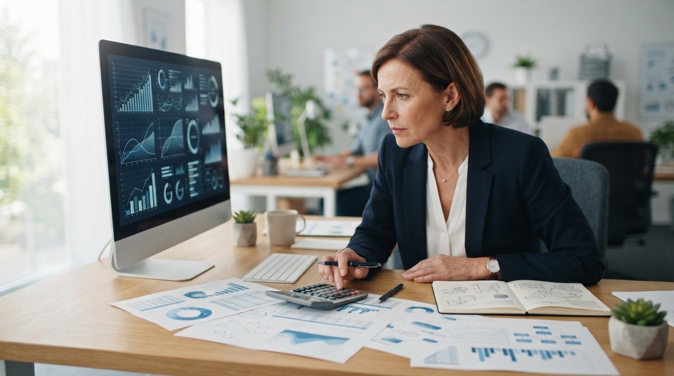 Insurance agent in a navy blazer reviews charts on a monitor beside printed risk tables, a calculator, and a pen on a…