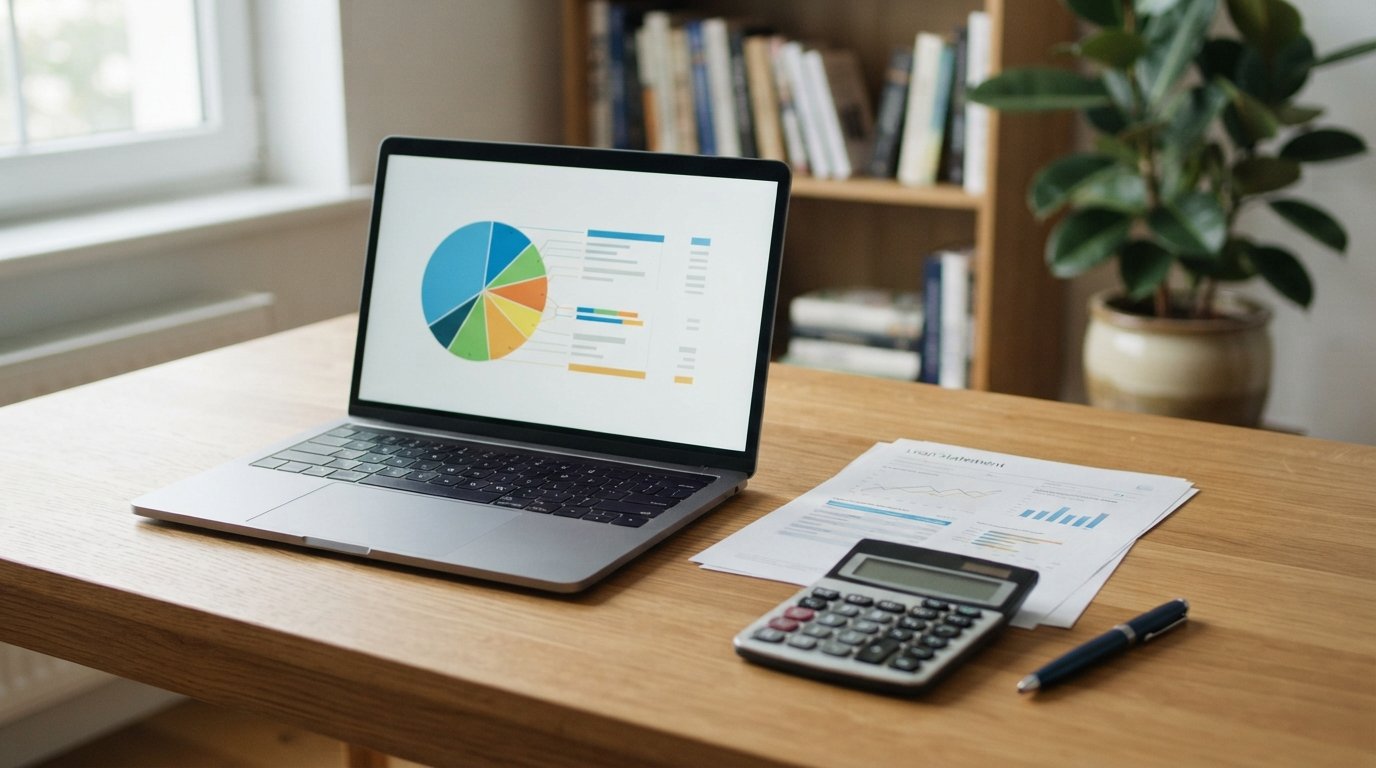 Laptop displaying a colorful pie chart beside a printed loan statement, calculator, and pen on a wooden desk in a sunlit…