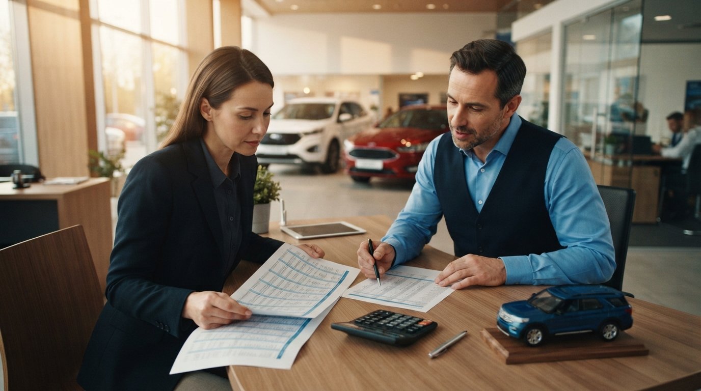 Buyer and loan officer compare two printed auto loan amortization schedules at a dealership desk with a calculator and…