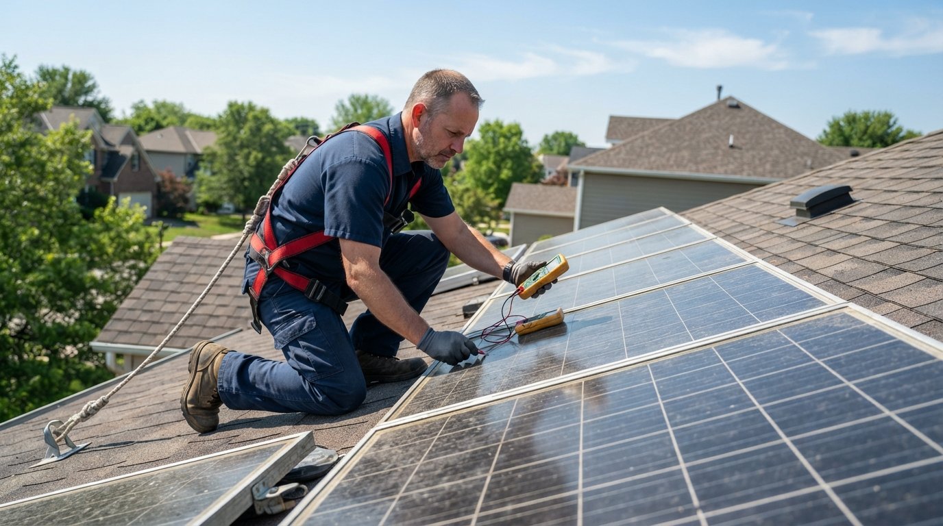 Technician in navy uniform and safety harness testing black solar panels with a multimeter on a sunlit suburban rooftop