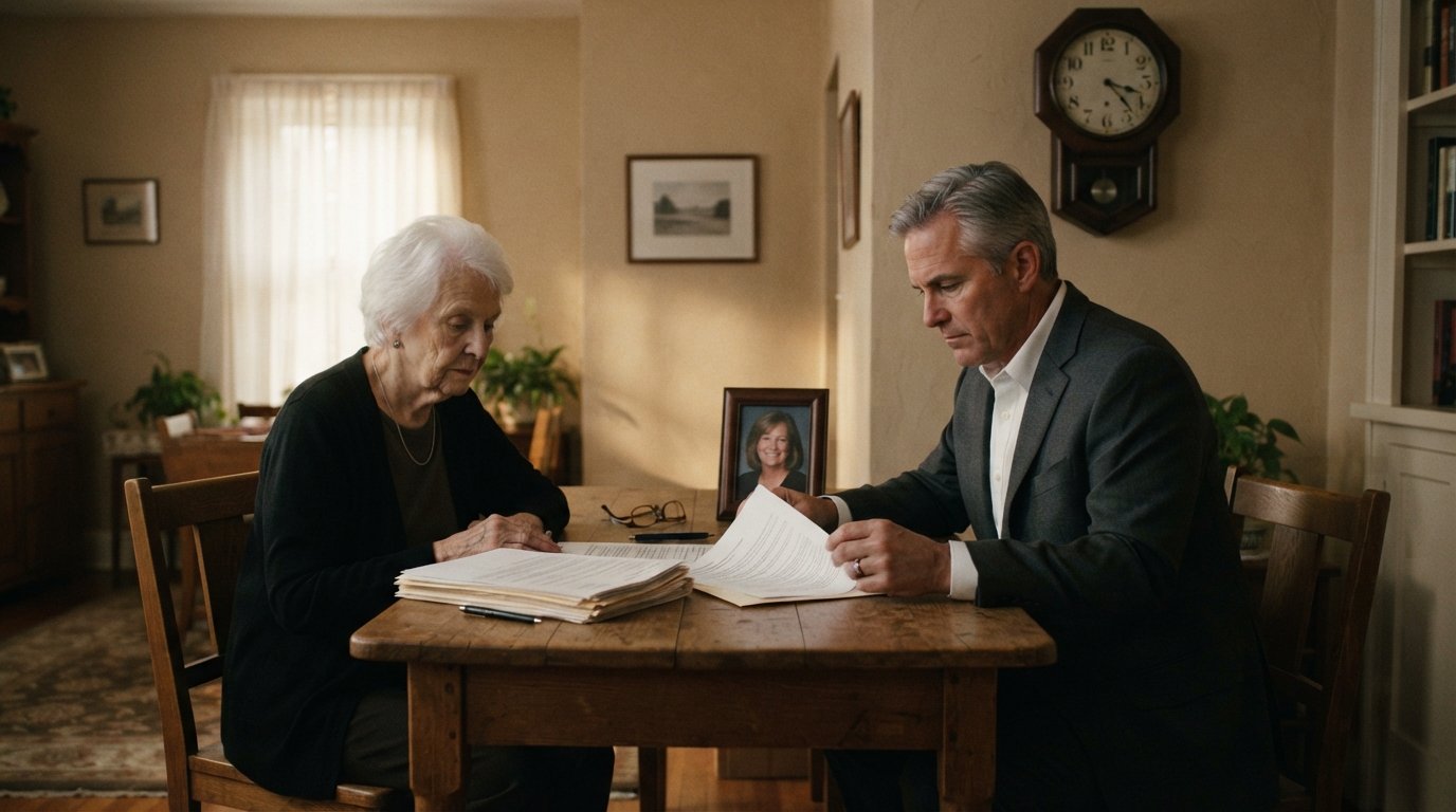 Elderly woman and middle-aged man in a softly lit dining room reviewing legal documents beside a framed photograph, with a…