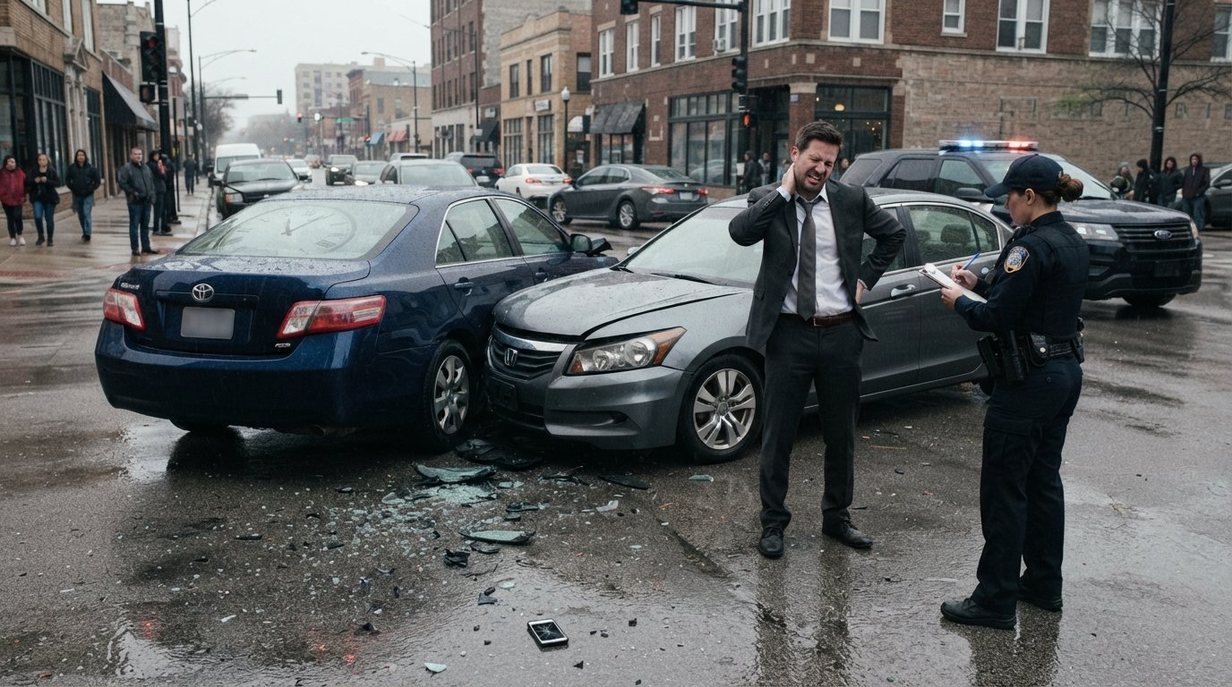 Two damaged sedans at an Illinois intersection with a driver holding his neck and a police officer taking notes