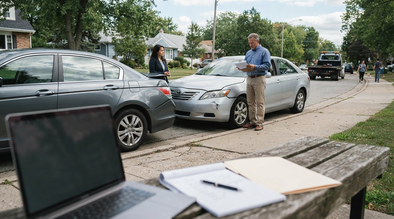 Two damaged sedans with dented bumpers on a suburban street as a driver holds insurance paperwork near a waiting tow truck
