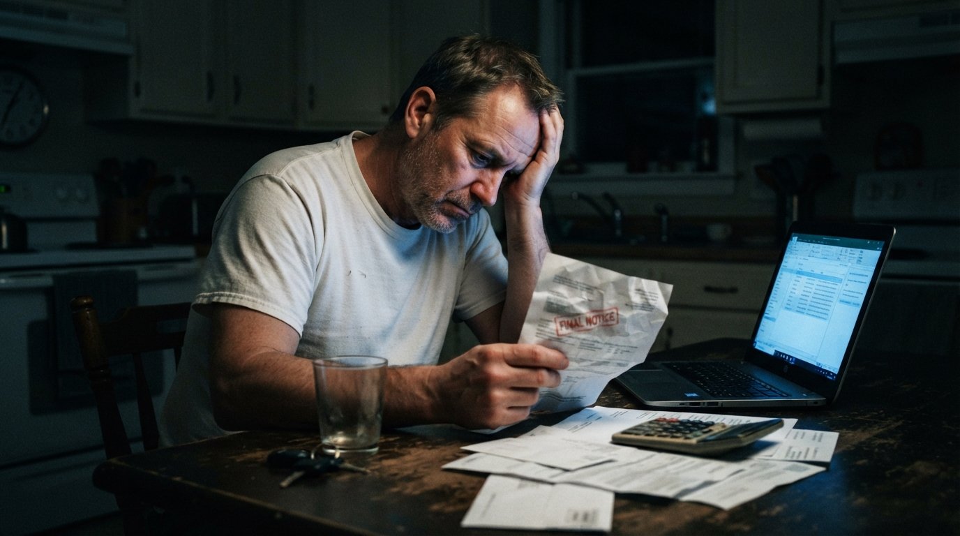 Middle-aged man at a kitchen table at night, head bowed, holding a crumpled auto insurance bill with a PAST DUE stamp, car…