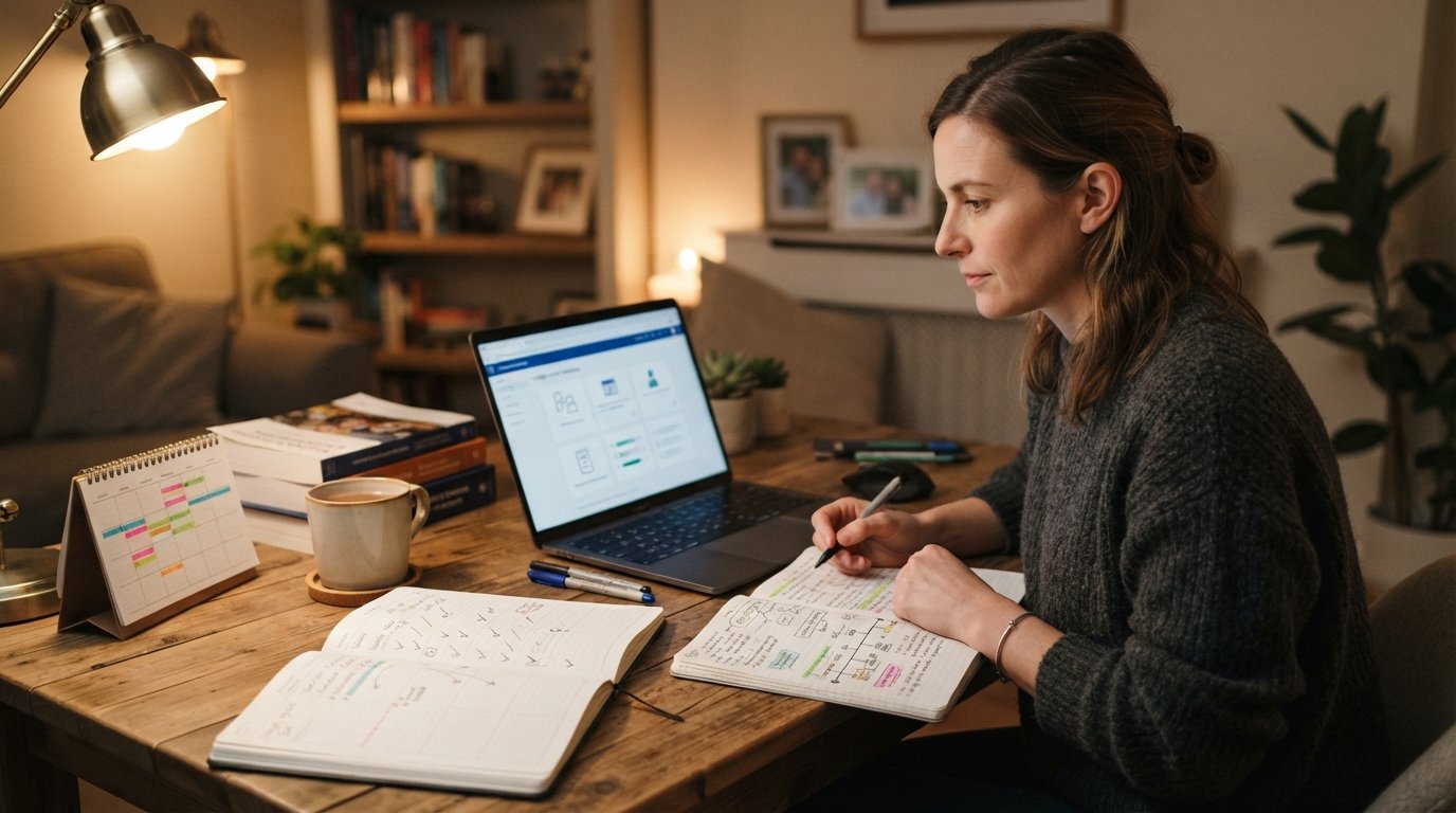 Adult in a sweater studies at a home desk with a laptop, textbooks, planner, coffee mug, and calendar in warm evening light