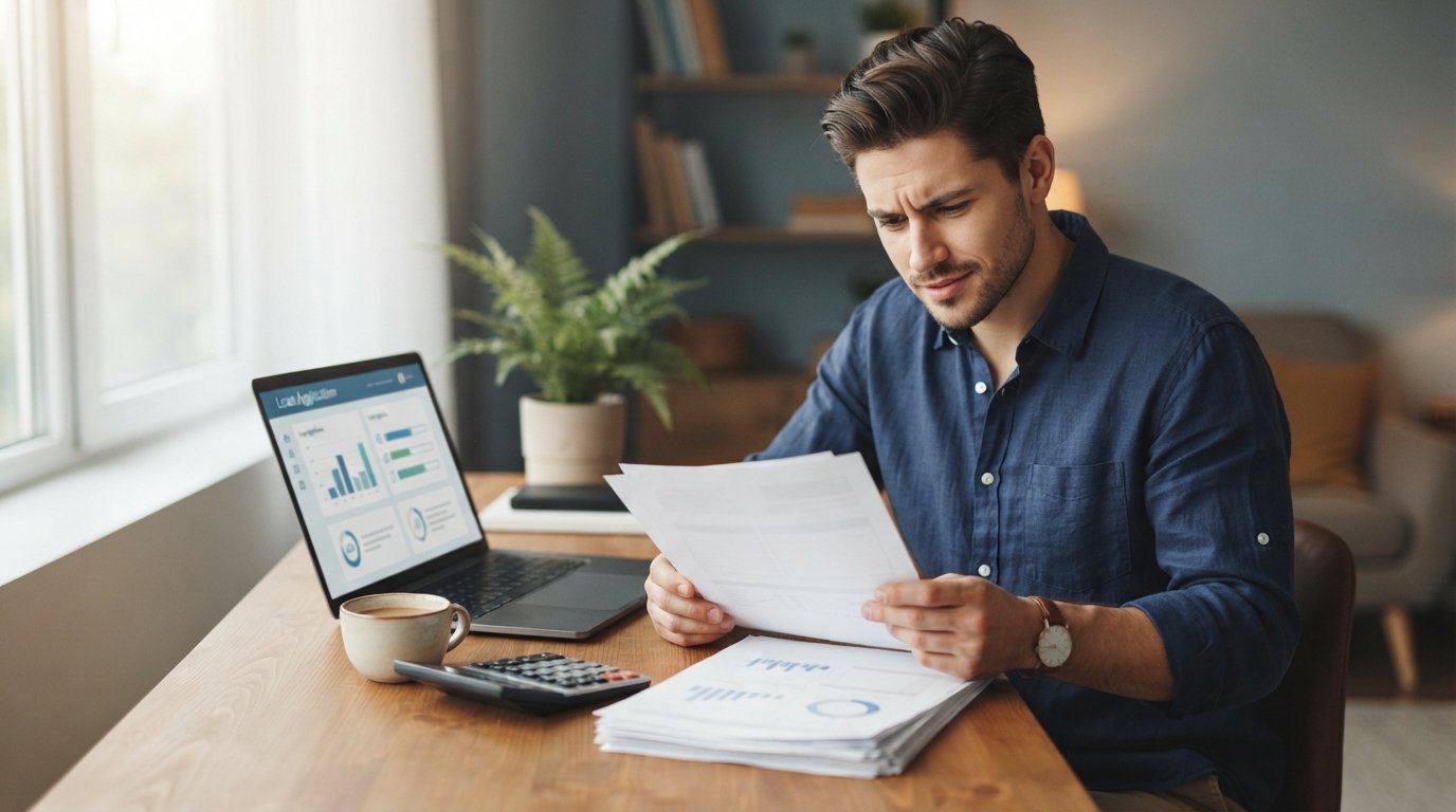 Man in a casual shirt reviewing a printed credit report at a desk with a laptop showing a loan application, calculator, and…