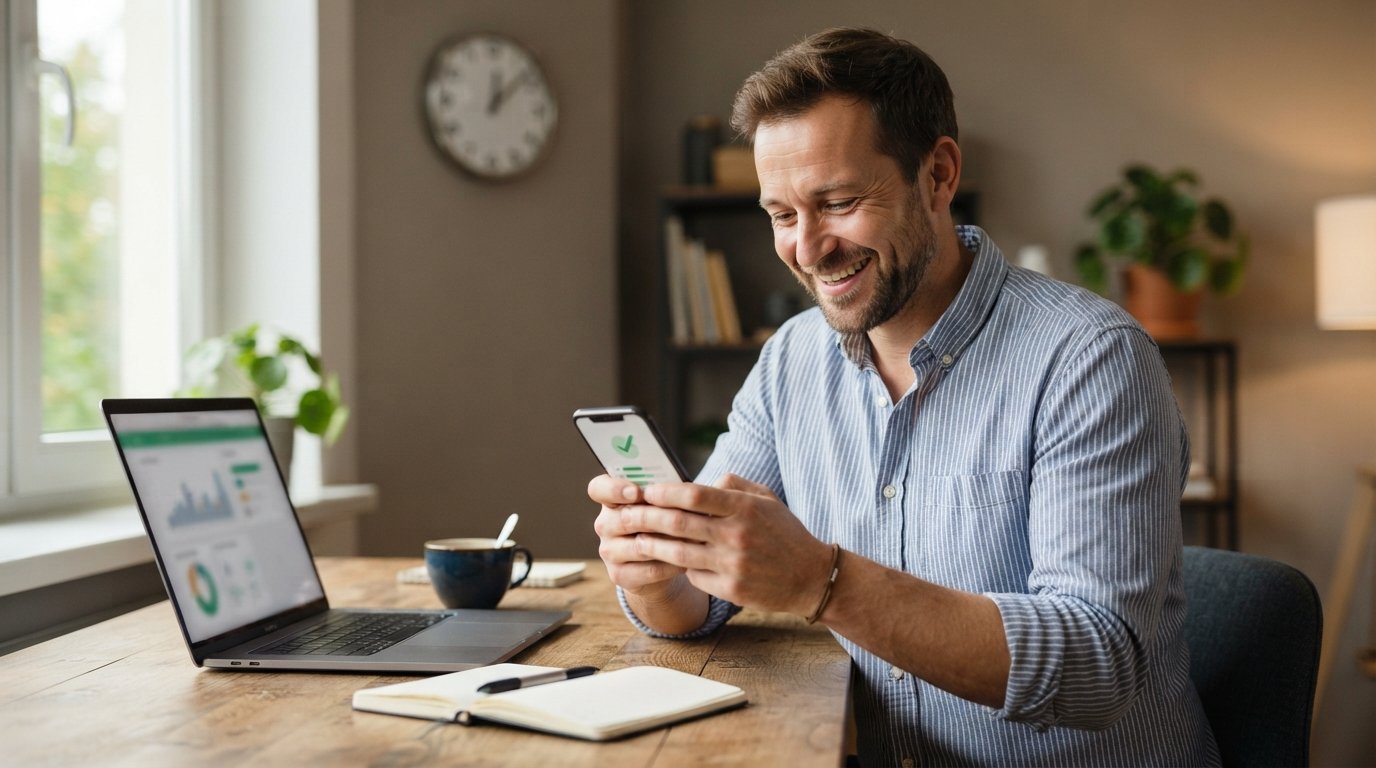 Smiling man in a button-down shirt at a home desk checking a banking notification on his smartphone, laptop and coffee mug…