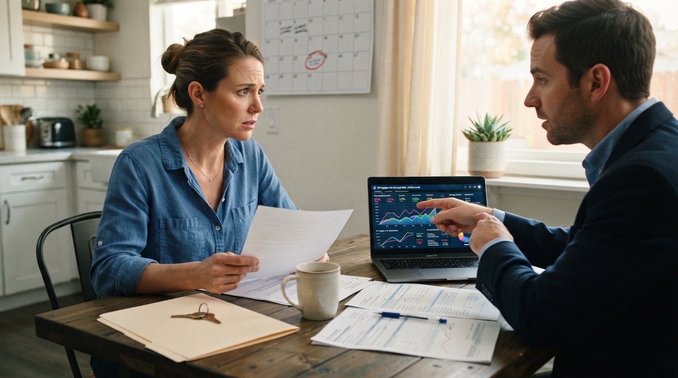 Homeowner holding a document at a kitchen table while an agent points to a laptop showing mortgage rate comparisons, with a…