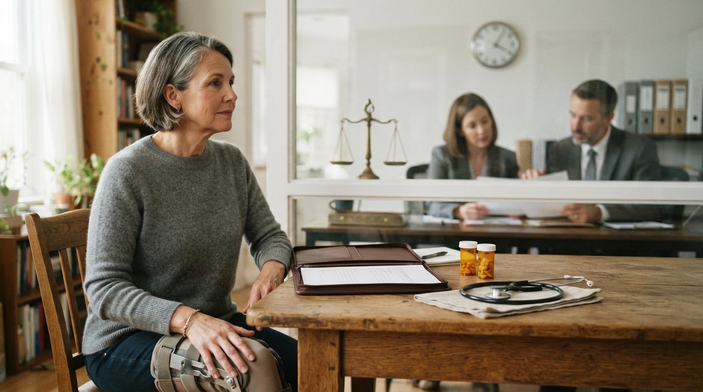 Middle-aged patient in a gray sweater at a kitchen table with a knee brace, medical folder, stethoscope, and pill bottles…